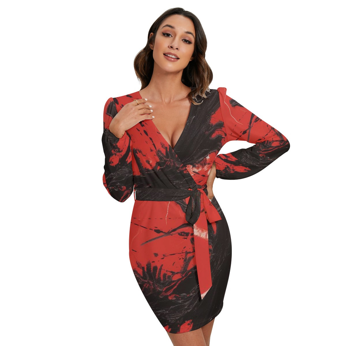 All-Over Print Women's Long Sleeve Dress With Waist Belt