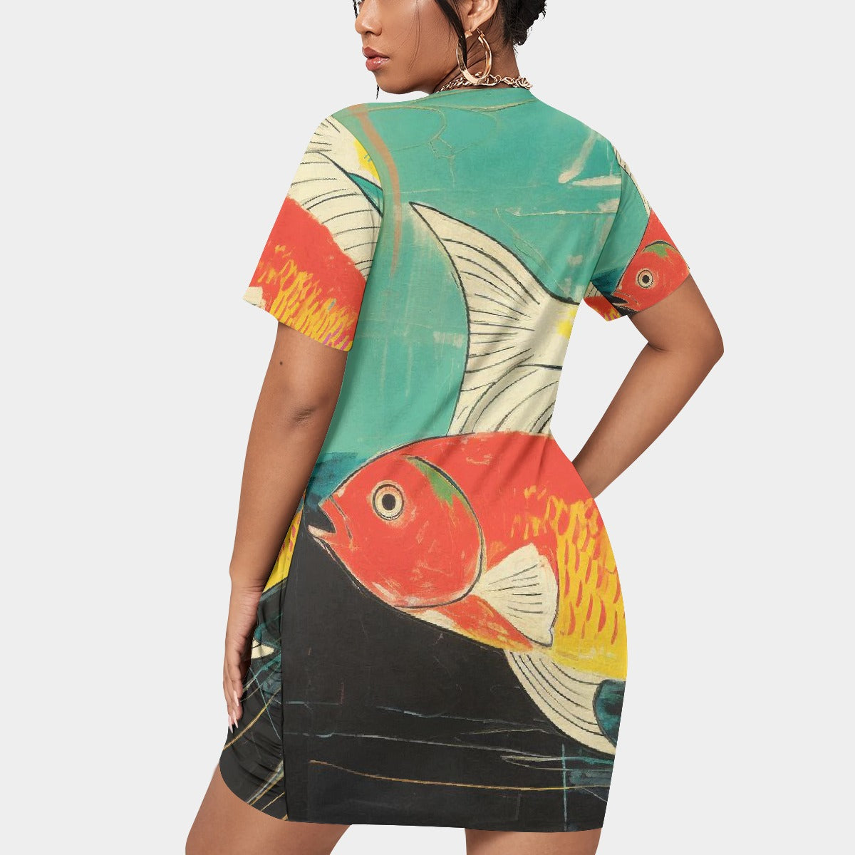 All-Over Print Women’s Stacked Hem Dress With Short Sleeve（Plus Size）