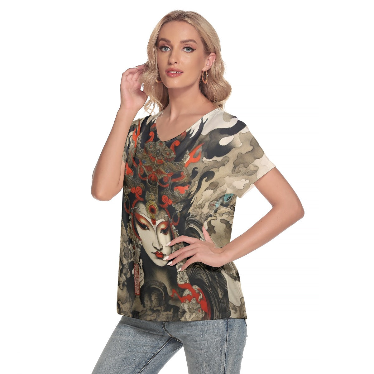 All-Over Print Women's Loose V-neck Short Sleeve T-shirt