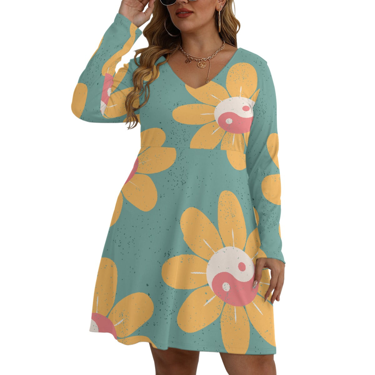 All-Over Print Women's V-neck Long Sleeve Dress(Plus Size)