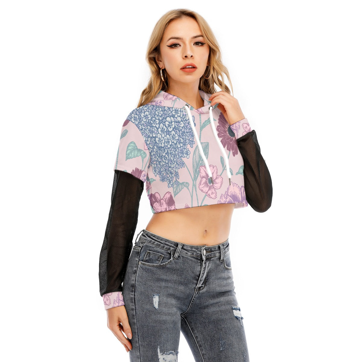 All-Over Print Women's Fake Two-piece Mesh Sleeve Cropped Hoodie