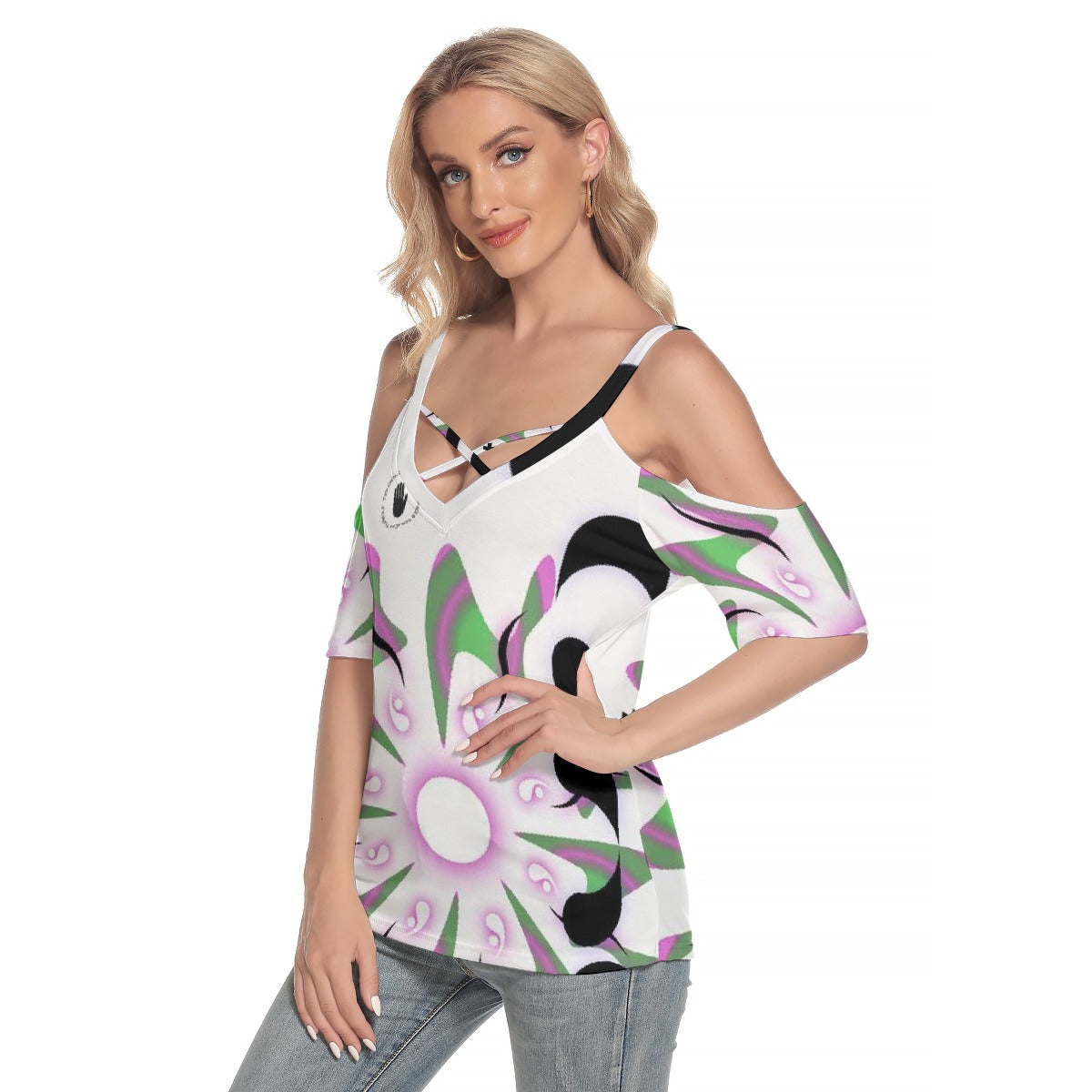 All-Over Print Women's Cold Shoulder T-shirt With Criss Cross Strips