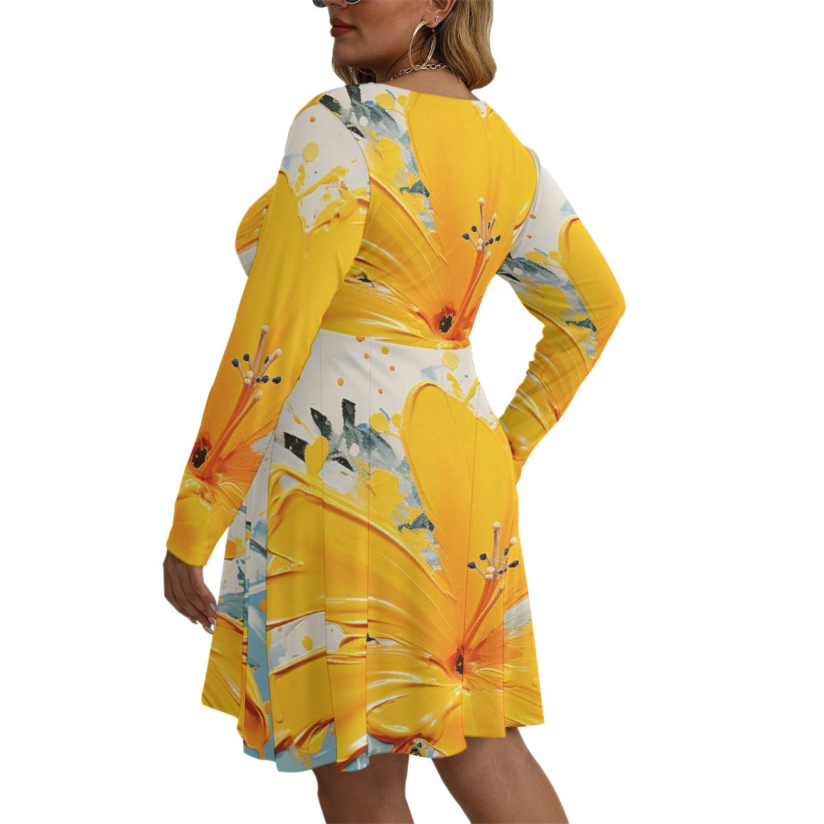 All-Over Print Women's V-neck Long Sleeve Dress(Plus Size)