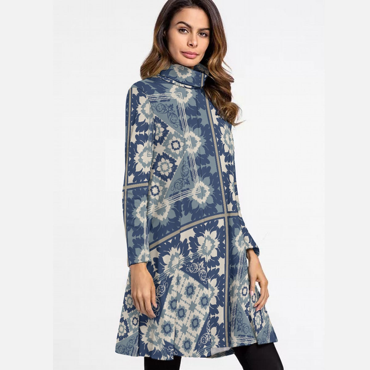 All-Over Print Women's High Neck Dress With Long Sleeve