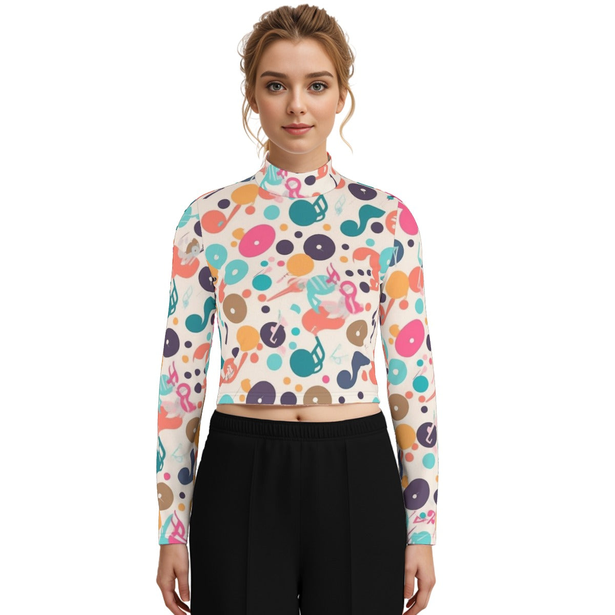 Eco-Friendly All-Over Print Women's Turtleneck T-shirt With Long Sleeve