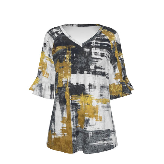 All-Over Print V-neck Women's T-shirt With Bell Sleeve