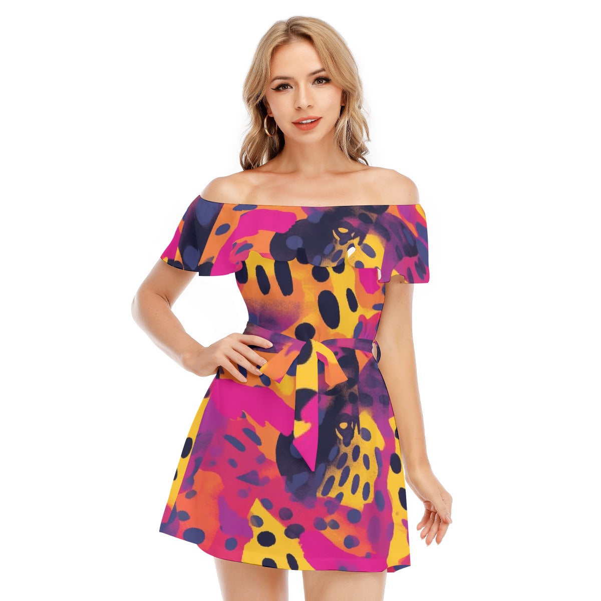 All-Over Print Women's Off-shoulder Dress With Ruffle