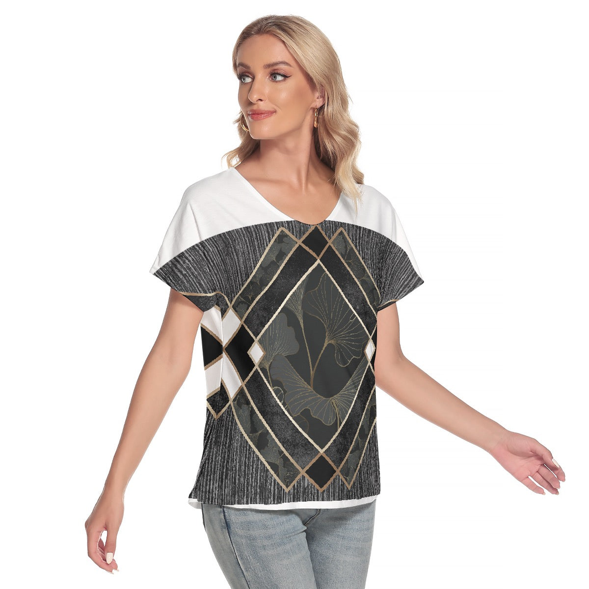 All-Over Print Women's Loose V-neck Short Sleeve T-shirt