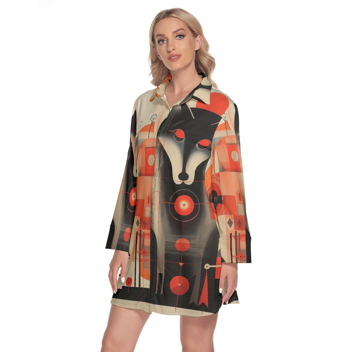 All-Over Print Women's Lapel Shirt Dress With Long Sleeve