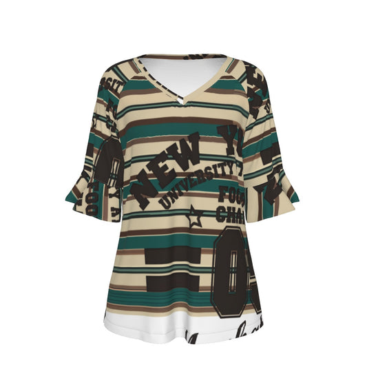 All-Over Print V-neck Women's T-shirt With Bell Sleeve