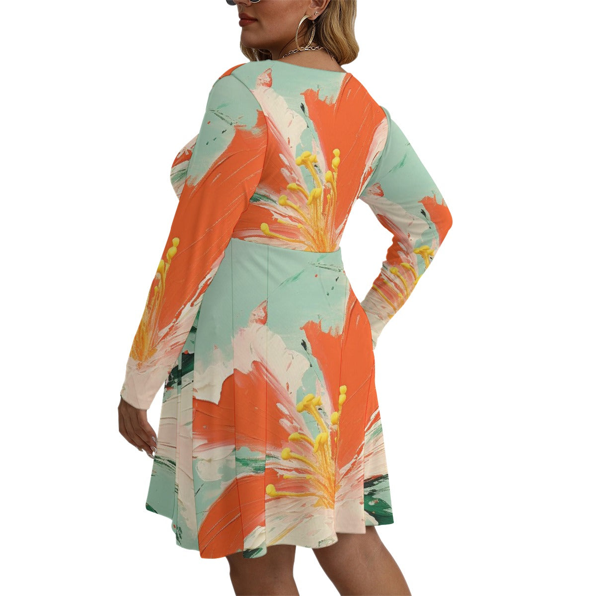 All-Over Print Women's V-neck Long Sleeve Dress(Plus Size)