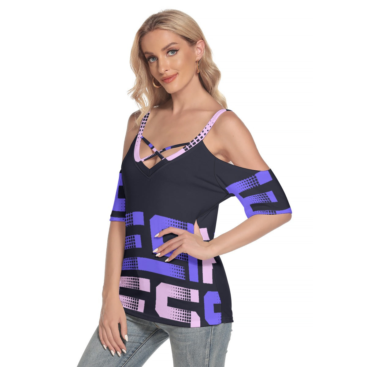 All-Over Print Women's Cold Shoulder T-shirt With Criss Cross Strips