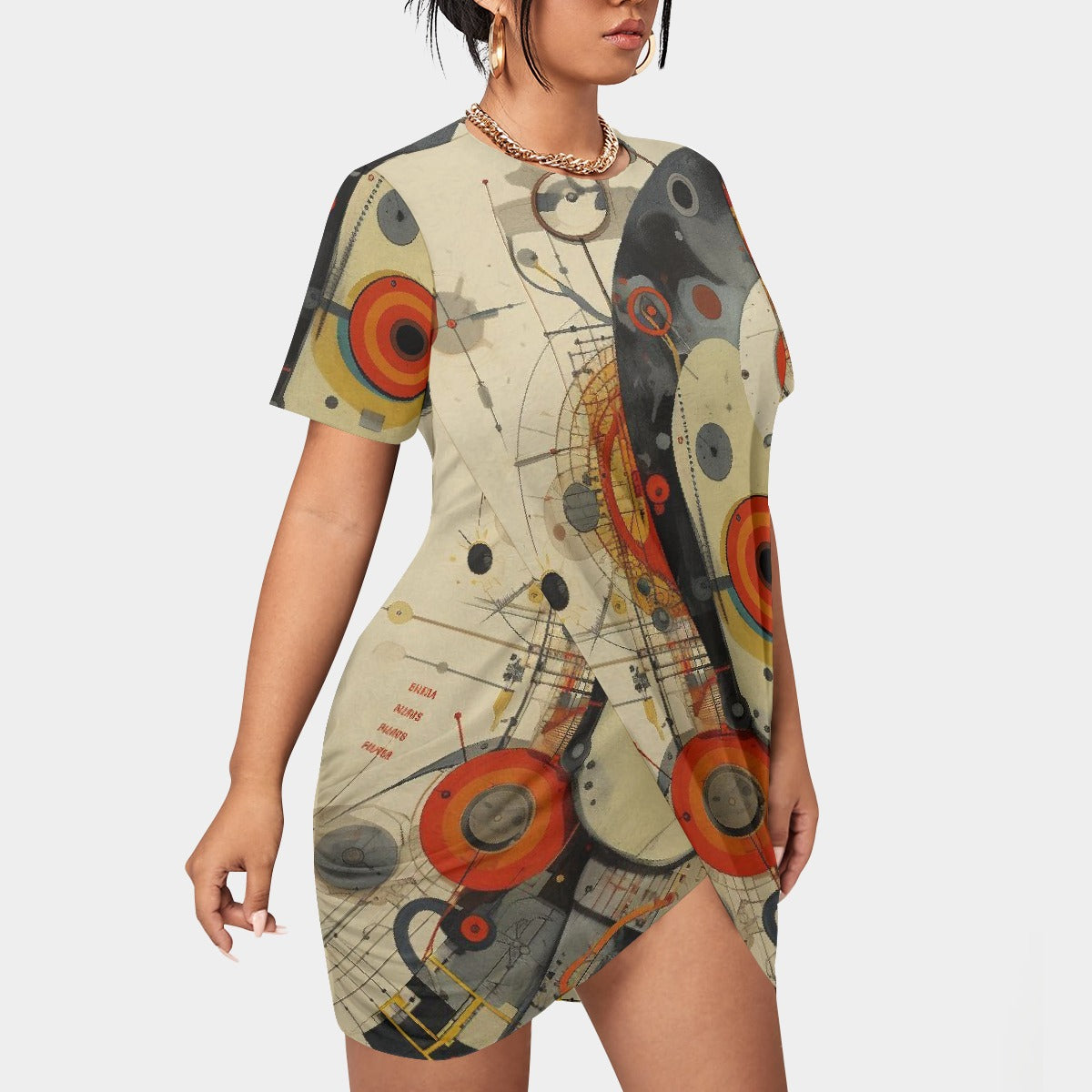 All-Over Print Women’s Stacked Hem Dress With Short Sleeve（Plus Size）