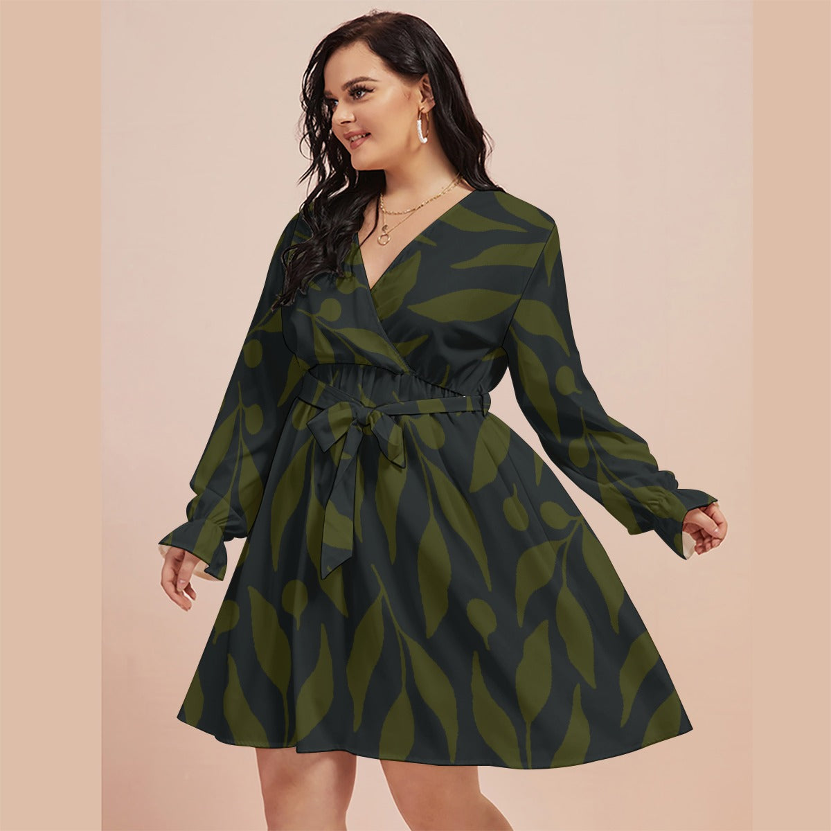 All-Over Print Women's V-neck Dress With Waistband(Plus Size)