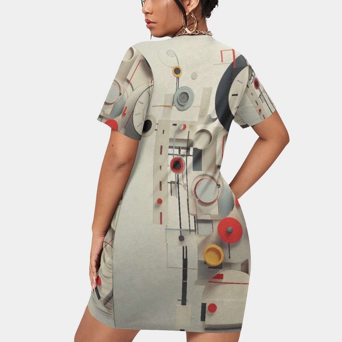 All-Over Print Women’s Stacked Hem Dress With Short Sleeve（Plus Size）