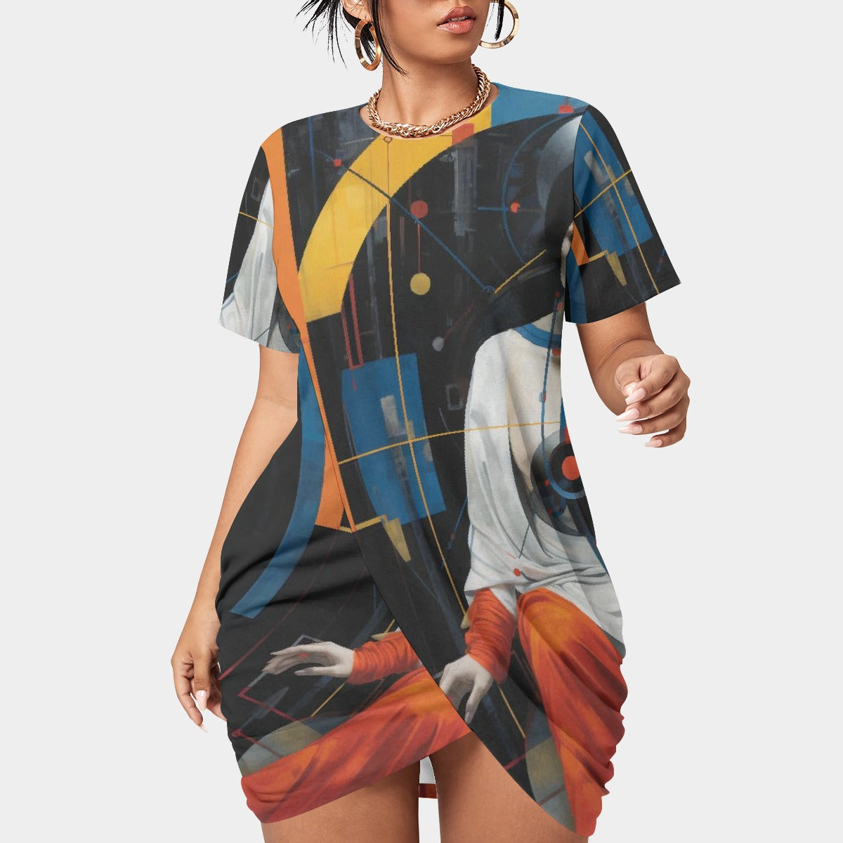 All-Over Print Women’s Stacked Hem Dress With Short Sleeve（Plus Size）