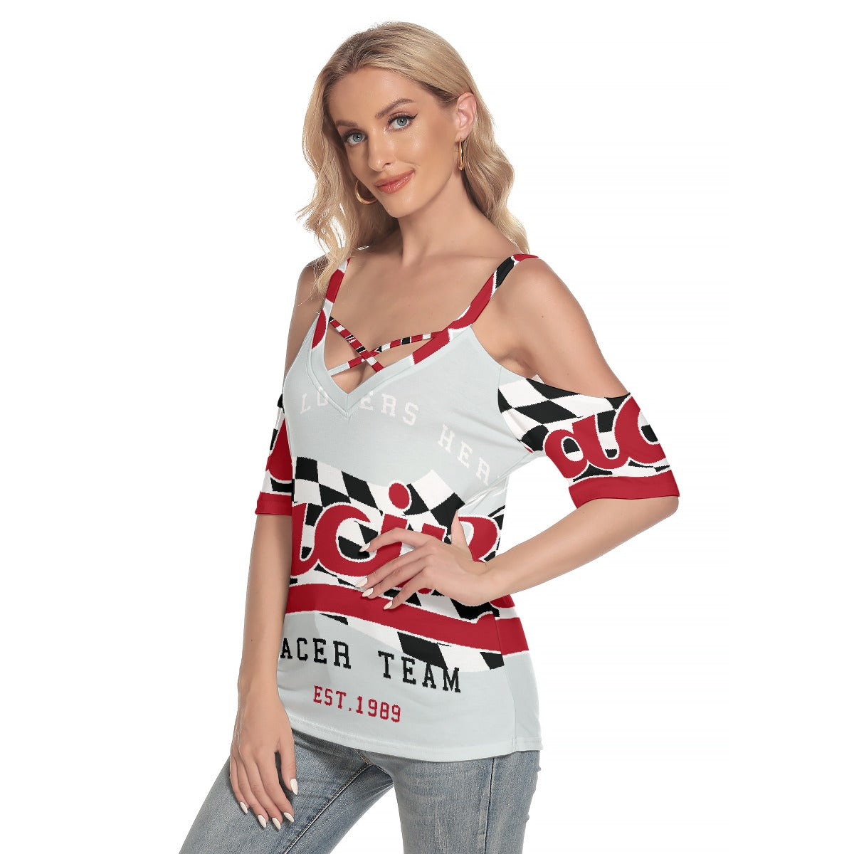 All-Over Print Women's Cold Shoulder T-shirt With Criss Cross Strips