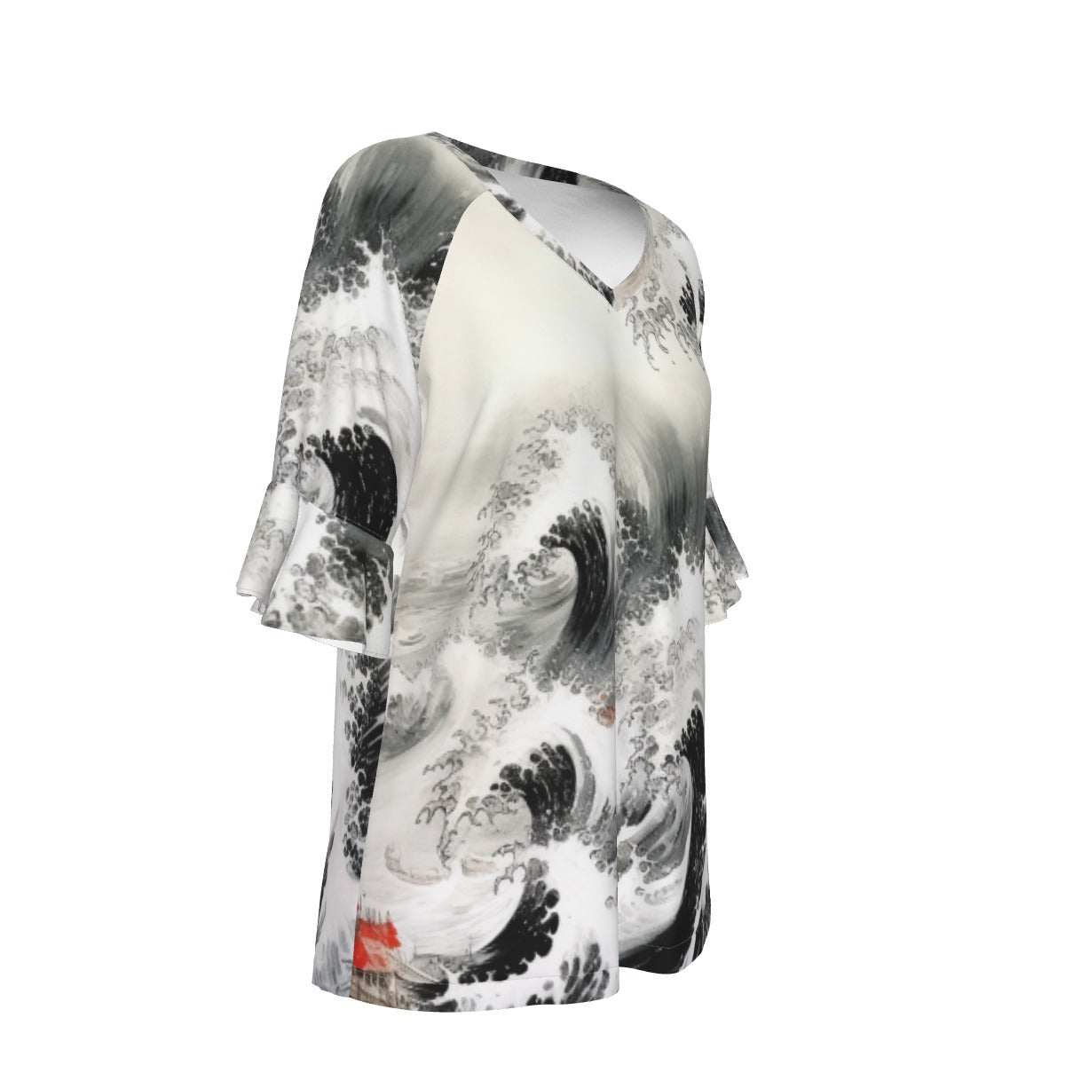 All-Over Print V-neck Women's T-shirt With Bell Sleeve