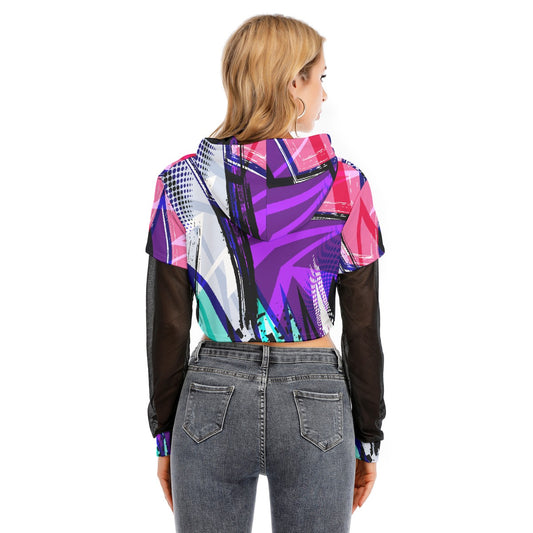 All-Over Print Women's Fake Two-piece Mesh Sleeve Cropped Hoodie