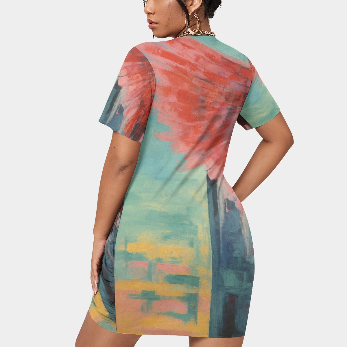 All-Over Print Women’s Stacked Hem Dress With Short Sleeve（Plus Size）