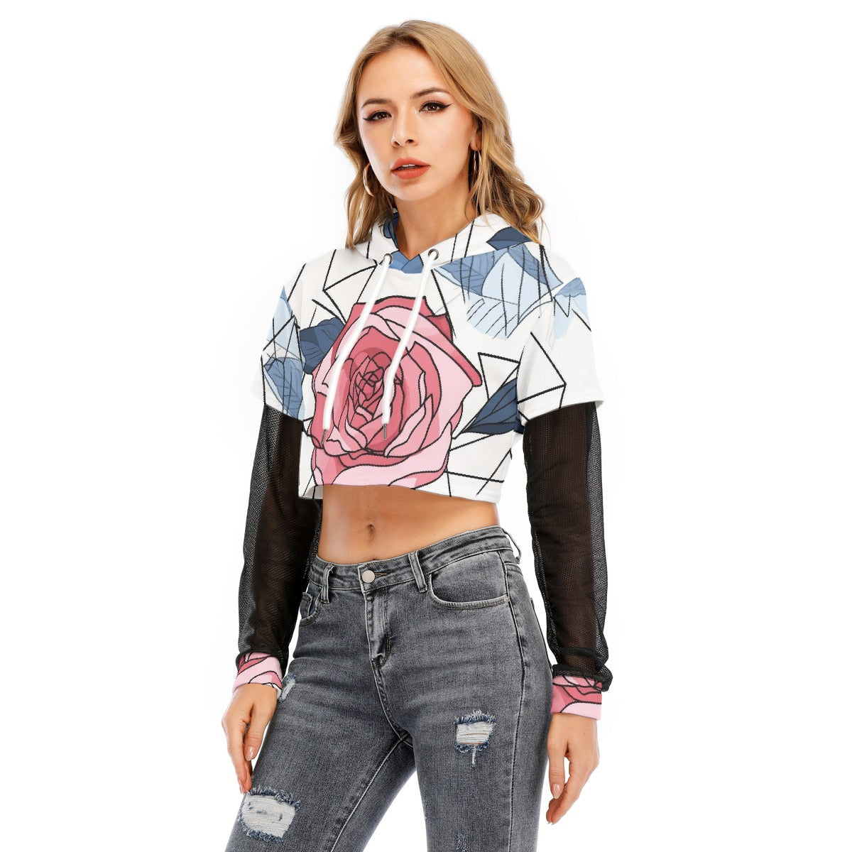 All-Over Print Women's Fake Two-piece Mesh Sleeve Cropped Hoodie