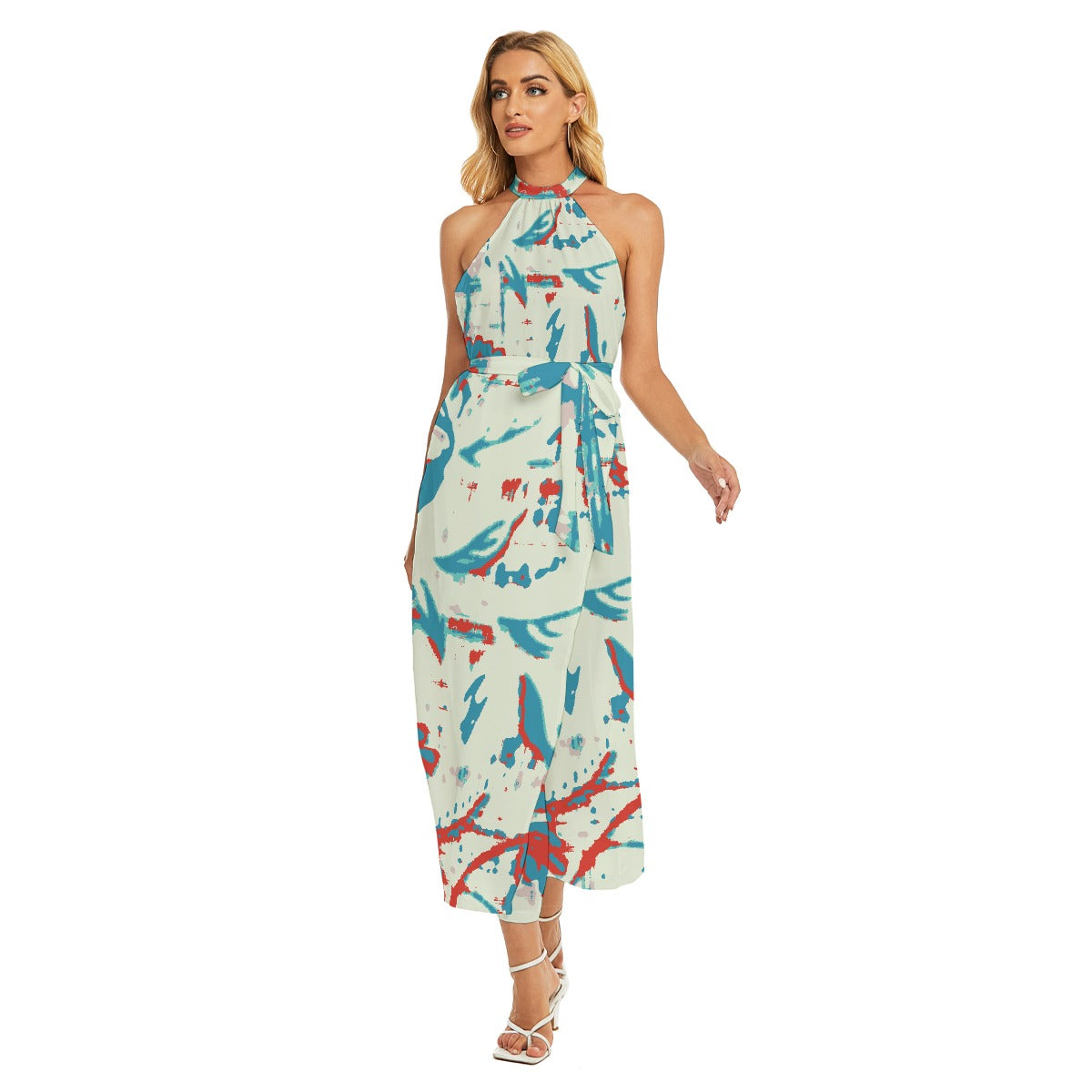 All-Over Print Women's Wrap Hem Belted Halter Dress