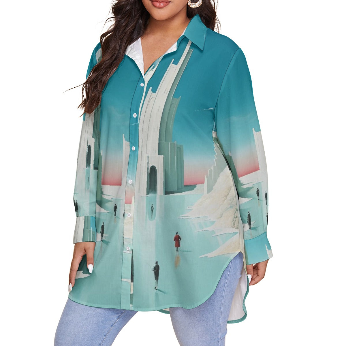 All-Over Print Women's Shirt With Long Sleeve(Plus Size)