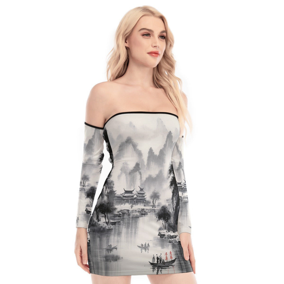 All-Over Print Women's Off-shoulder Back Lace-up Dress