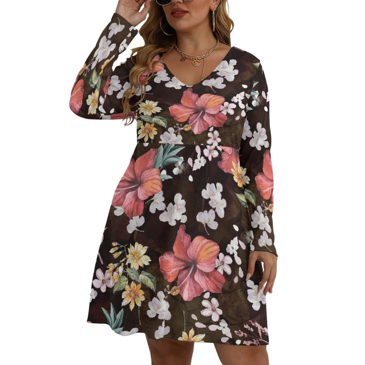 All-Over Print Women's V-neck Long Sleeve Dress(Plus Size)