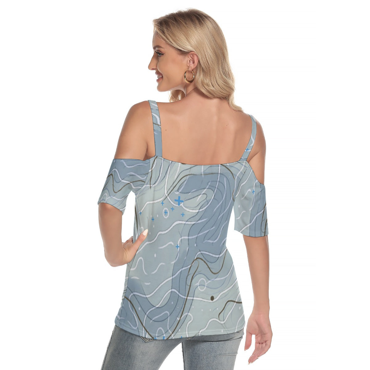 All-Over Print Women's Cold Shoulder T-shirt With Criss Cross Strips