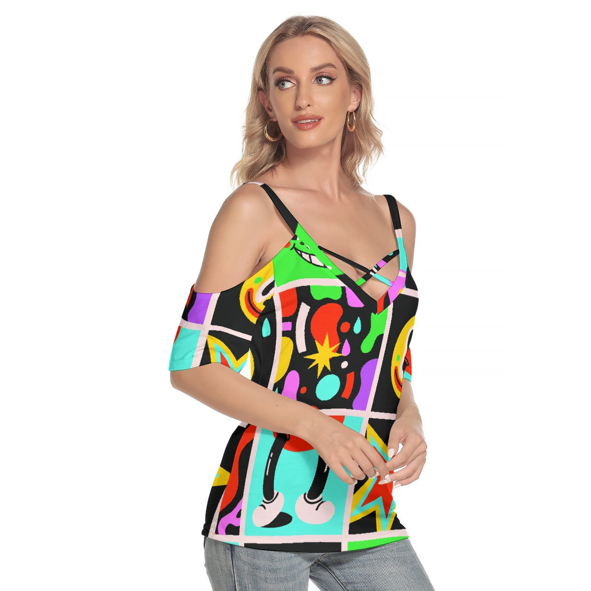 All-Over Print Women's Cold Shoulder T-shirt With Criss Cross Strips