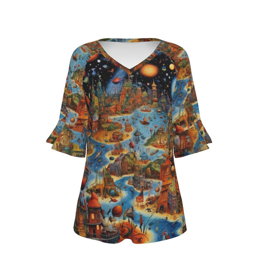 All-Over Print V-neck Women's T-shirt With Bell Sleeve