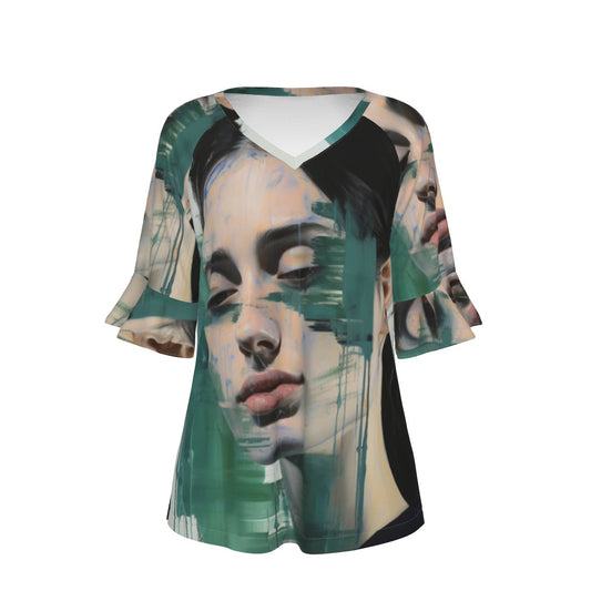 All-Over Print V-neck Women's T-shirt With Bell Sleeve