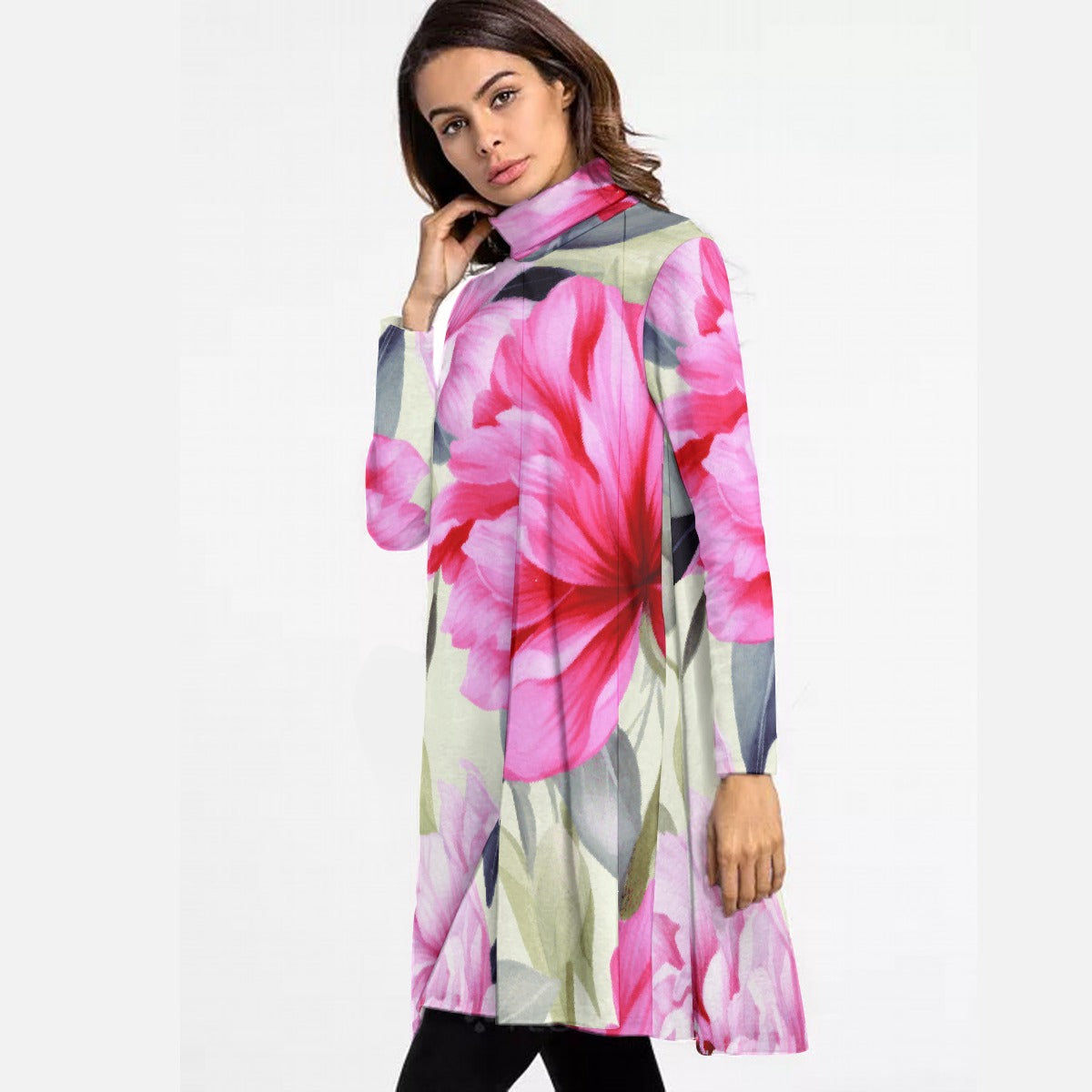 All-Over Print Women's High Neck Dress With Long Sleeve