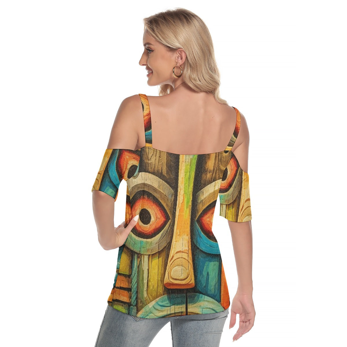 All-Over Print Women's Cold Shoulder T-shirt With Criss Cross Strips