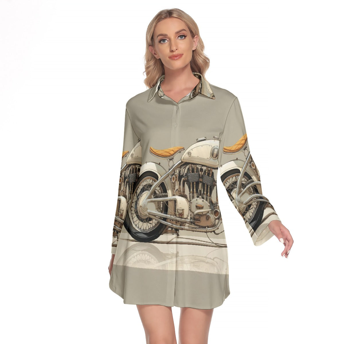 All-Over Print Women's Lapel Shirt Dress With Long Sleeve