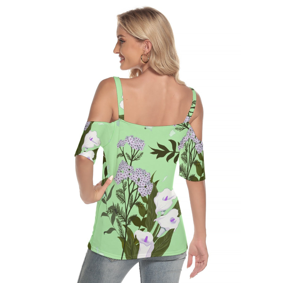 All-Over Print Women's Cold Shoulder T-shirt With Criss Cross Strips