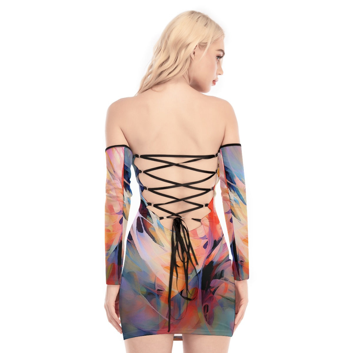 All-Over Print Women's Off-shoulder Back Lace-up Dress