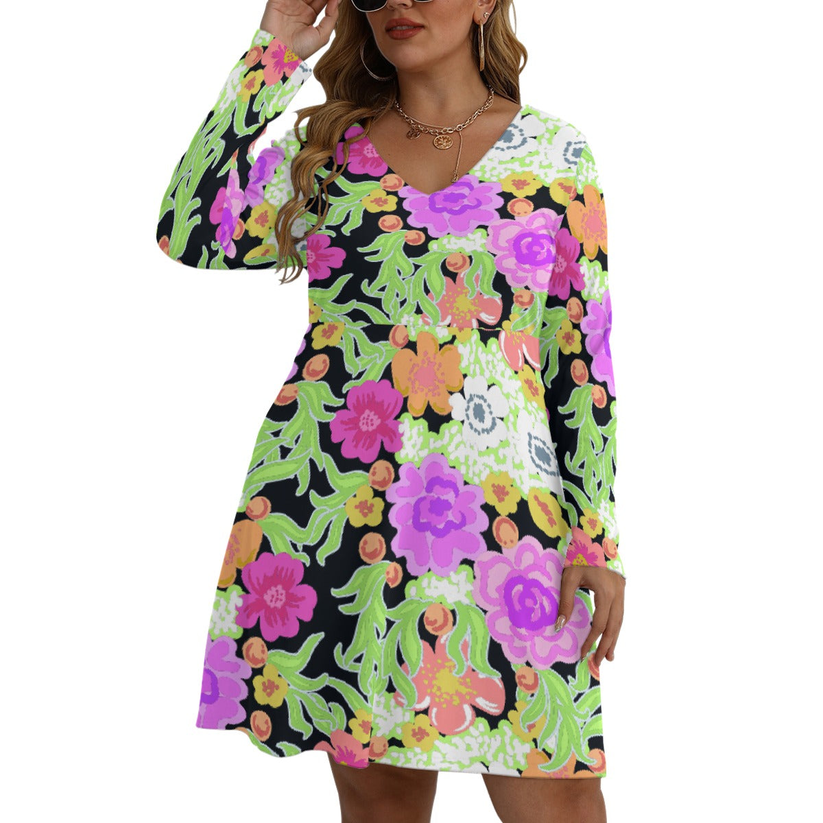 All-Over Print Women's V-neck Long Sleeve Dress(Plus Size)