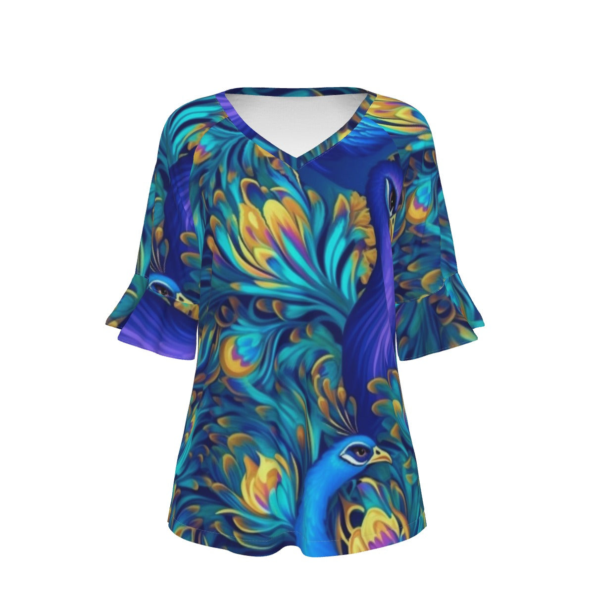 All-Over Print V-neck Women's T-shirt With Bell Sleeve