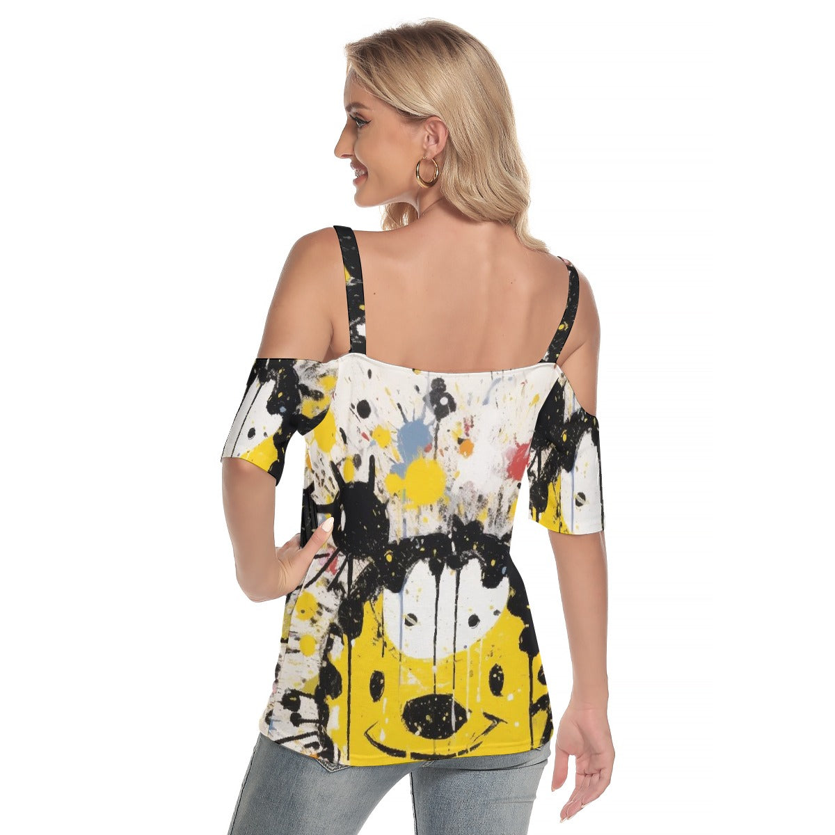 All-Over Print Women's Cold Shoulder T-shirt With Criss Cross Strips