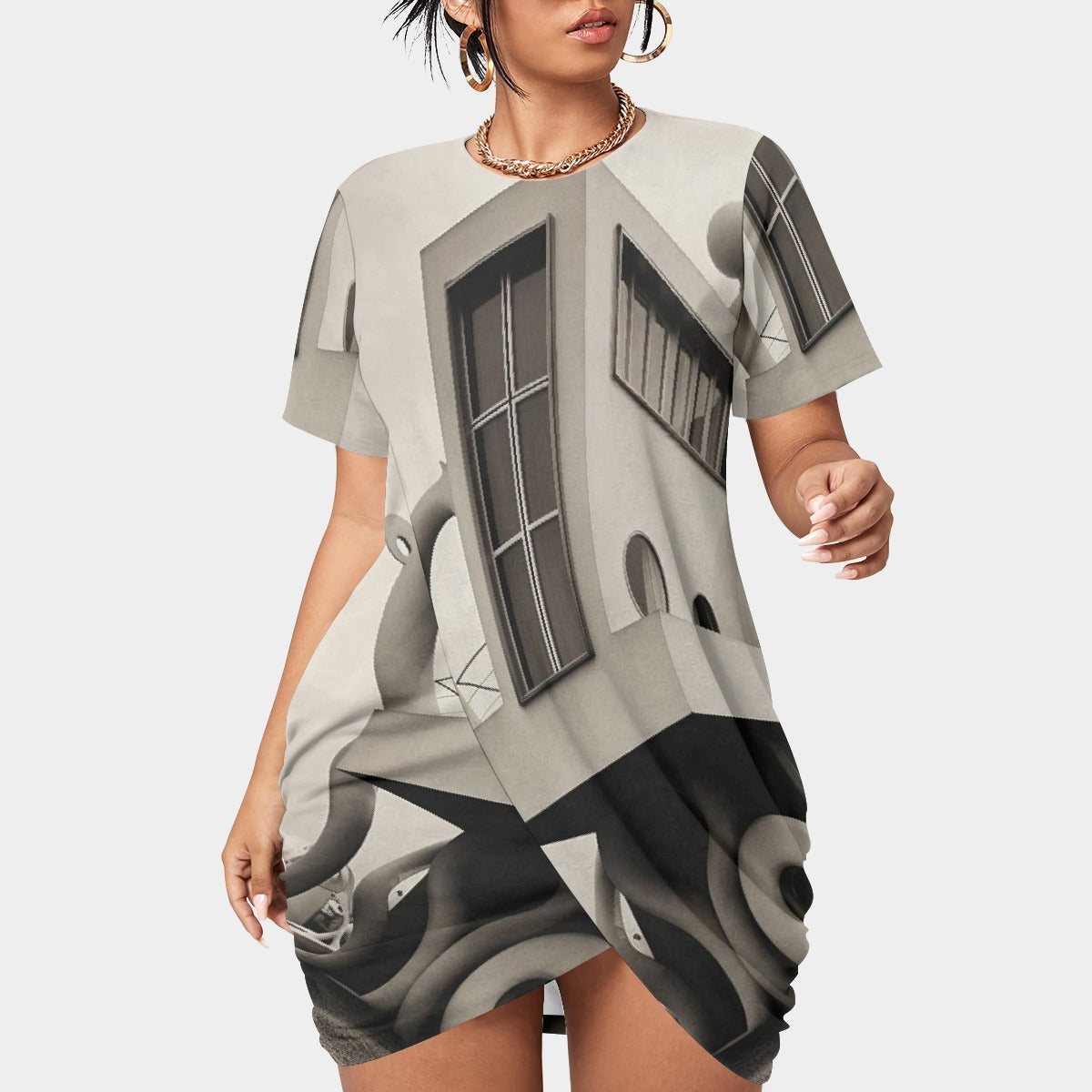 All-Over Print Women’s Stacked Hem Dress With Short Sleeve（Plus Size）