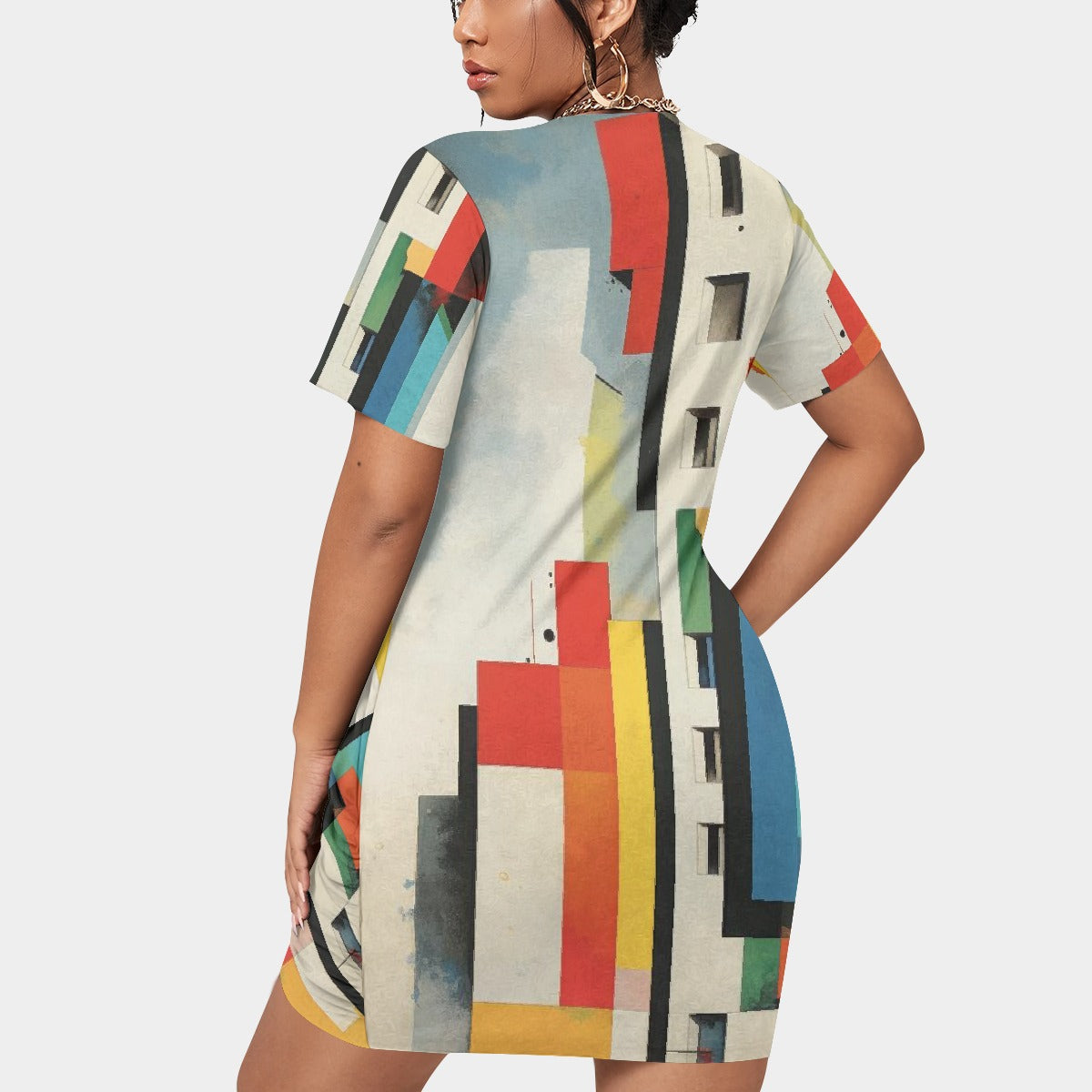 All-Over Print Women’s Stacked Hem Dress With Short Sleeve（Plus Size）