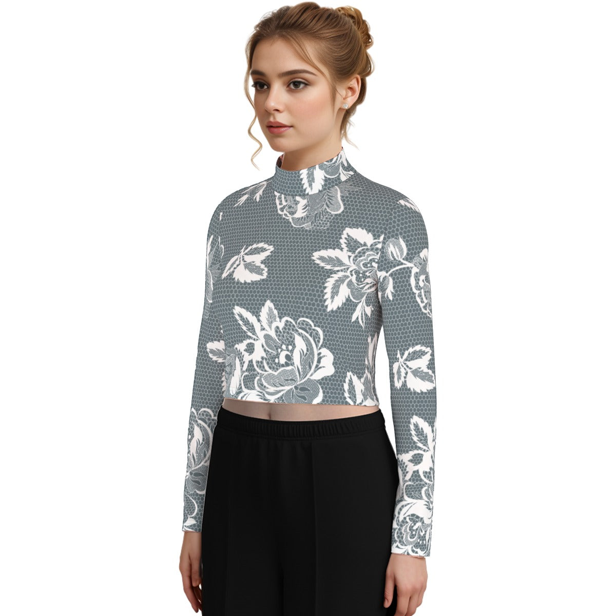 Eco-Friendly All-Over Print Women's Turtleneck T-shirt With Long Sleeve