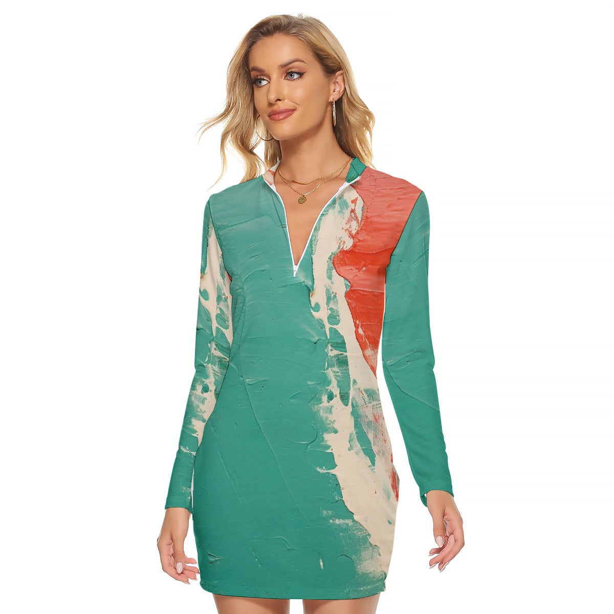 All-Over Print Women's Zip Front Tight Dress