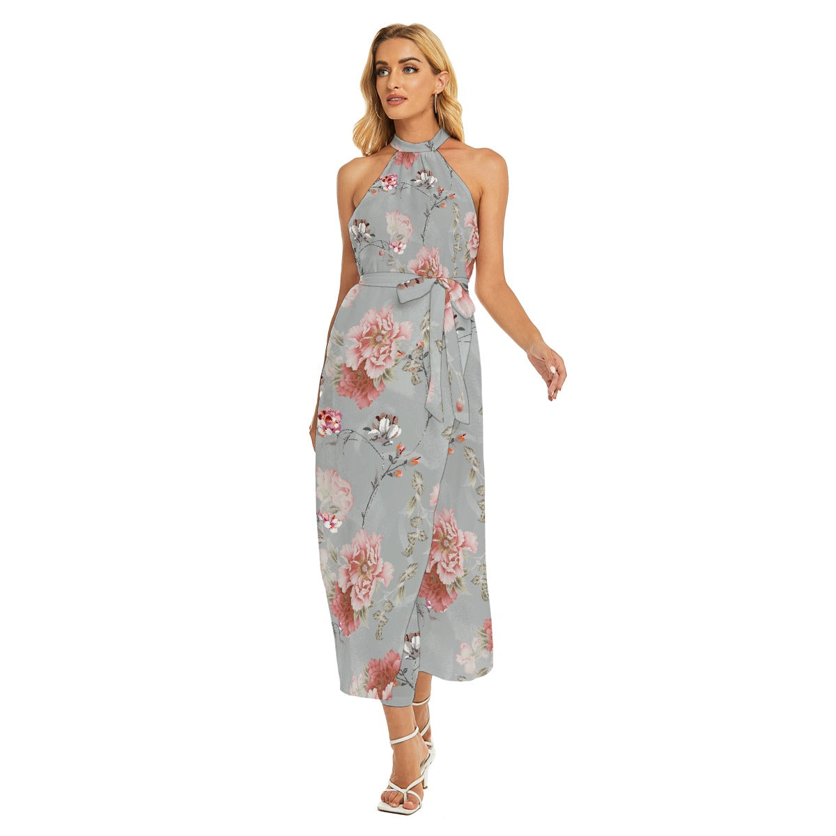 All-Over Print Women's Wrap Hem Belted Halter Dress