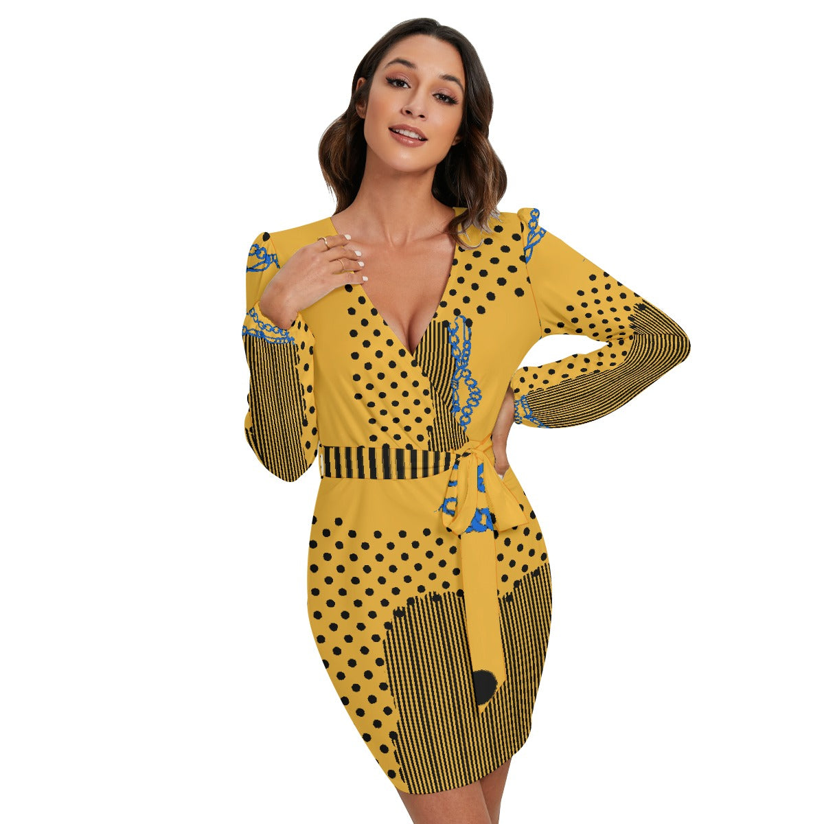 All-Over Print Women's Long Sleeve Dress With Waist Belt