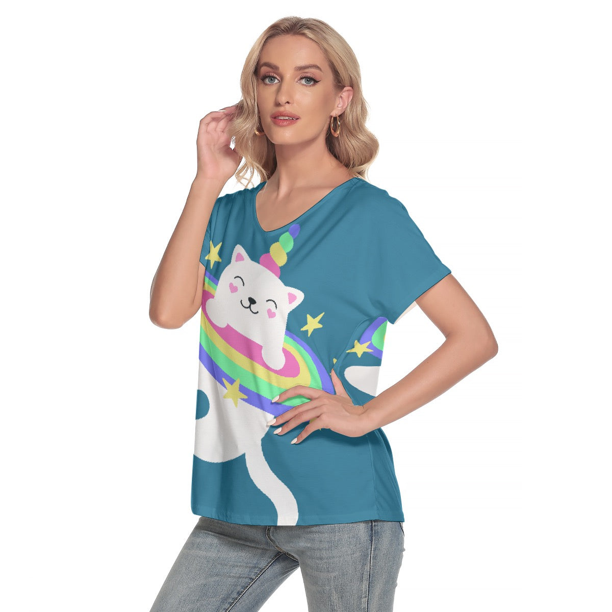 All-Over Print Women's Loose V-neck Short Sleeve T-shirt