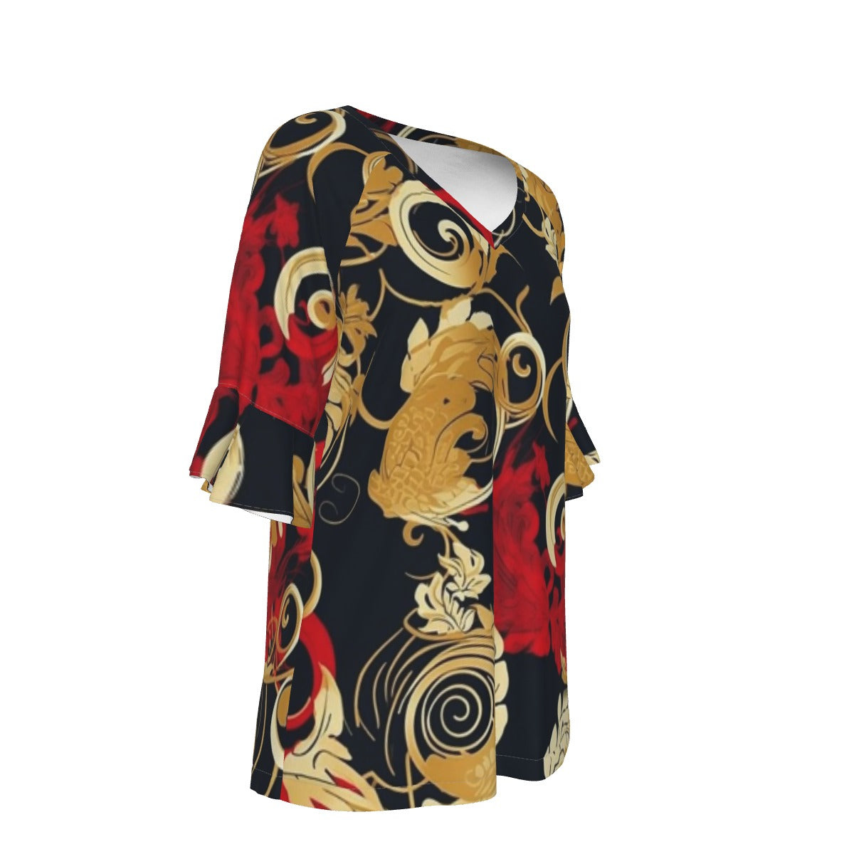 All-Over Print V-neck Women's T-shirt With Bell Sleeve