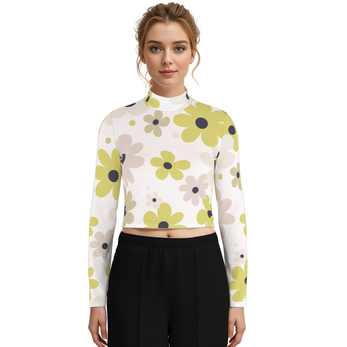 Eco-Friendly All-Over Print Women's Turtleneck T-shirt With Long Sleeve